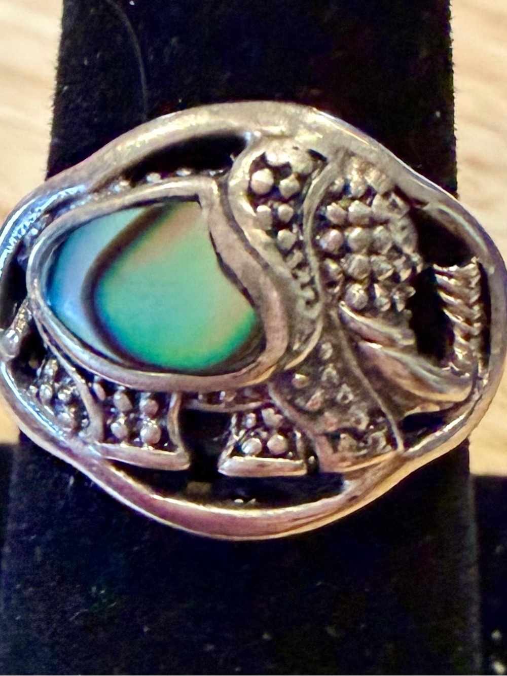 Sterling-Style Abalone Elephant Ring in Green-Blue